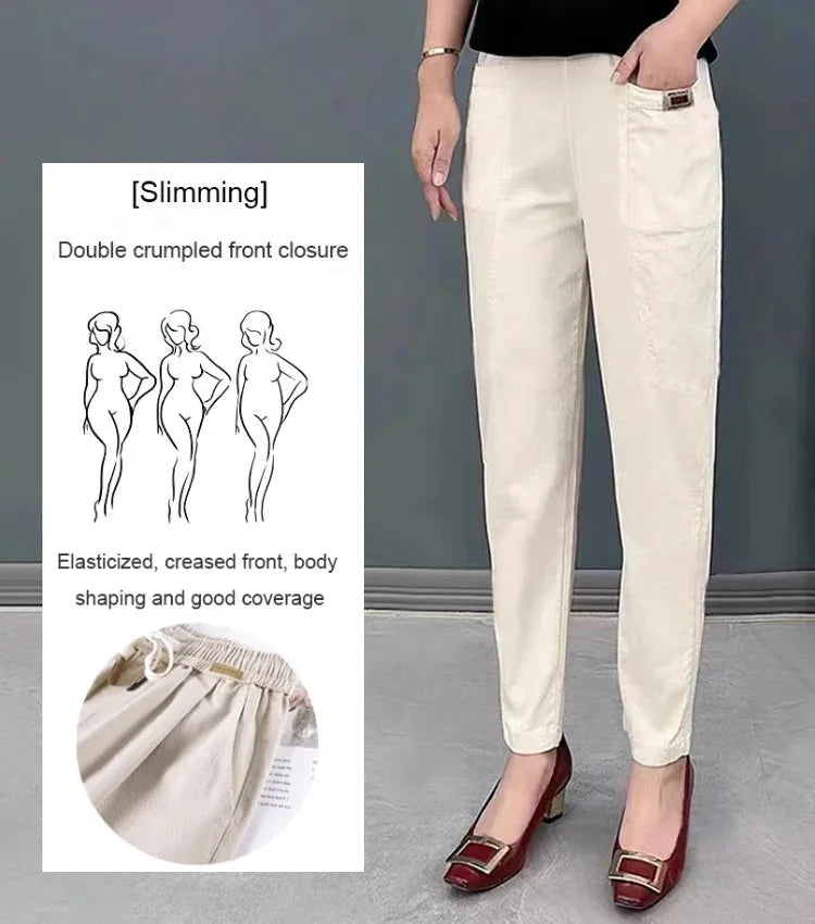 Women's Elastic Waist Cotton Pants Wrinkle Free Relaxed Fit Straight Leg Pant Casual Loose Fitting Pants